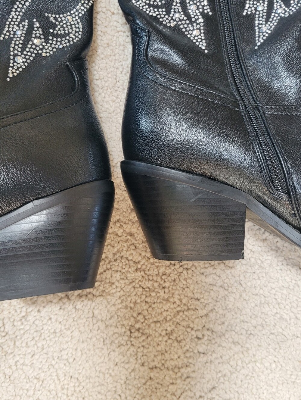 Black Studded Western Cowboy Boots Faux Leather Side Zip Boots Size 7 - Picture 9 of 11